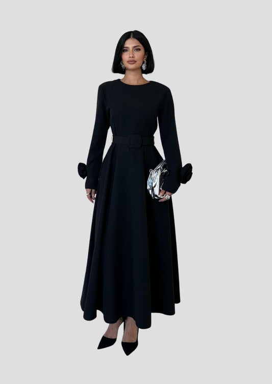 A-line Dress With Rose Sleeves - Black