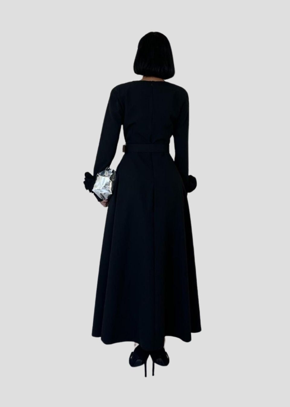 A-line Dress With Rose Sleeves - Black