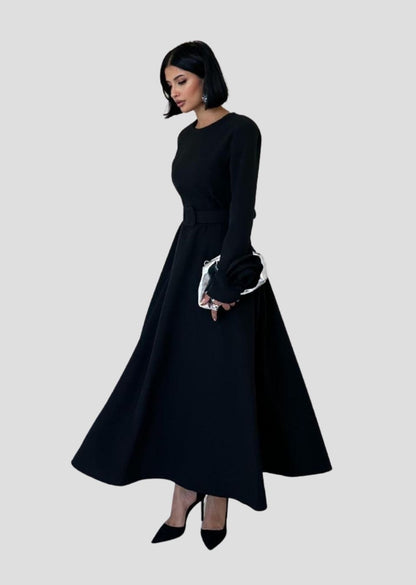 A-line Dress With Rose Sleeves - Black