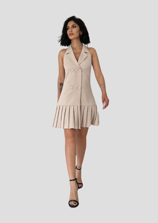 Backless Jacket Collar Dress - Beige