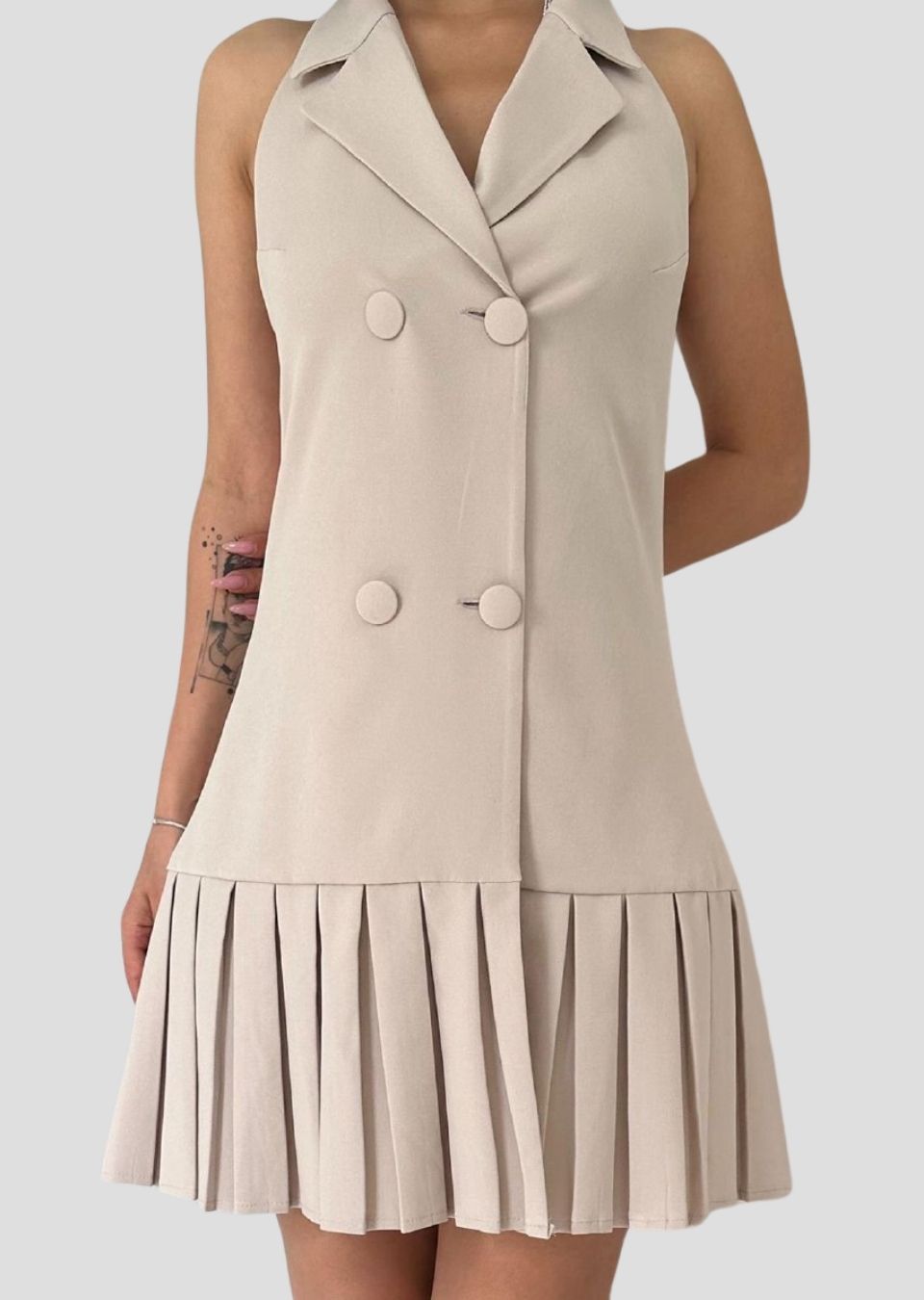 Backless Jacket Collar Dress - Beige