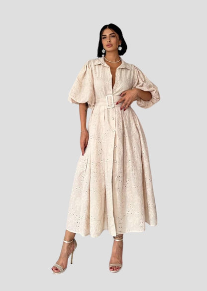 Balloon Sleeve Pleated Dress - Beige