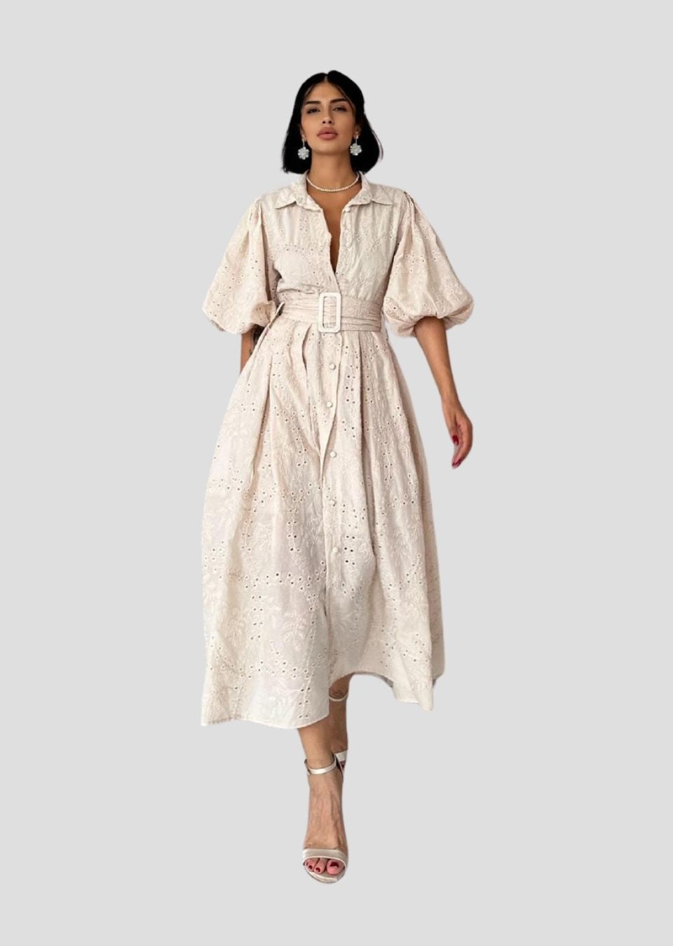 Balloon Sleeve Pleated Dress - Beige