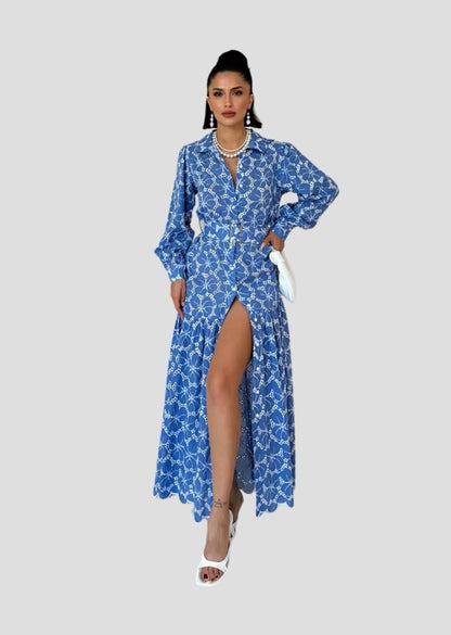 Belted And Floral Pattern Dress - Blue