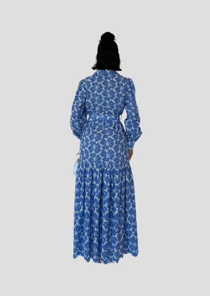 Belted And Floral Pattern Dress - Blue