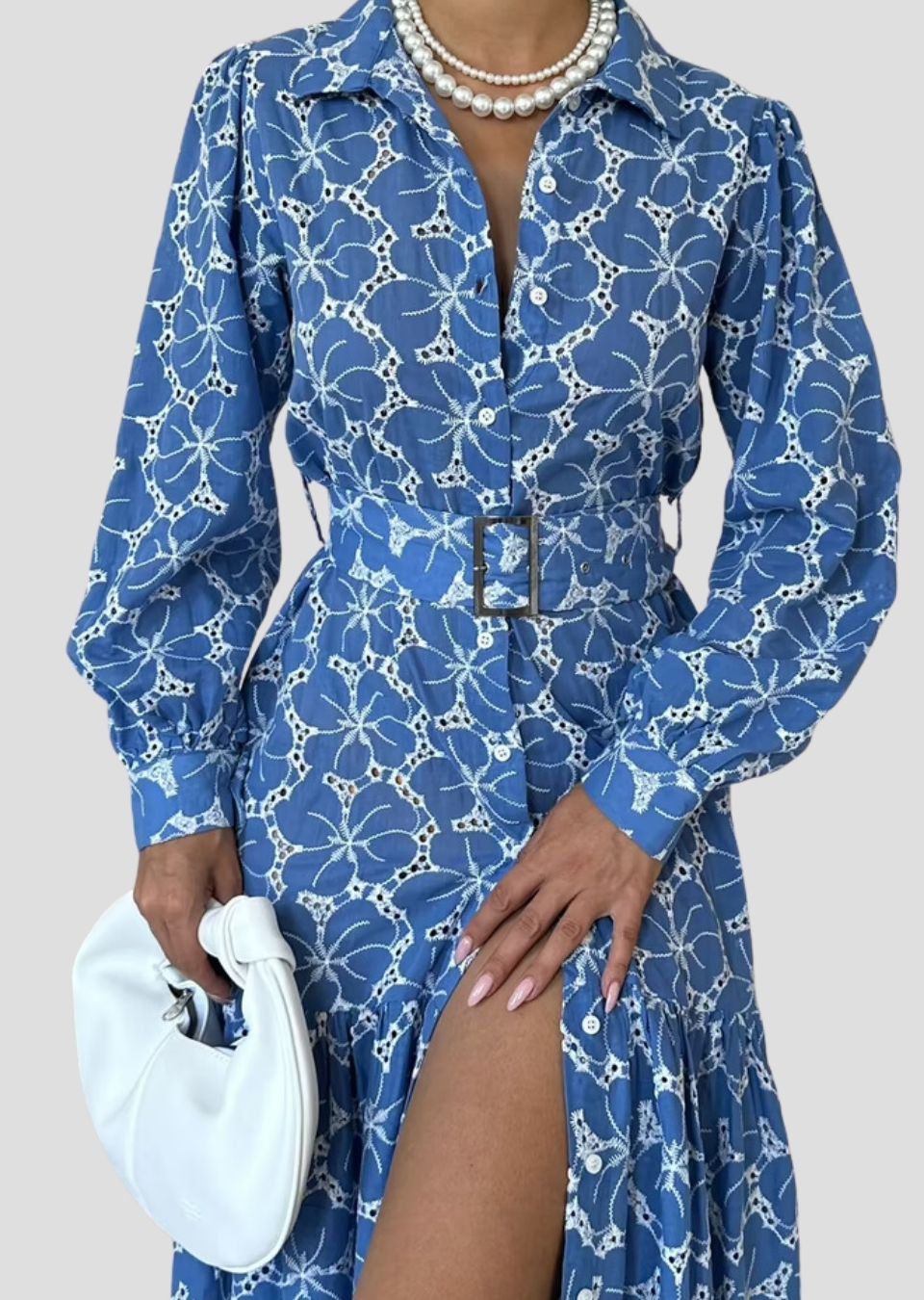 Belted And Floral Pattern Dress - Blue