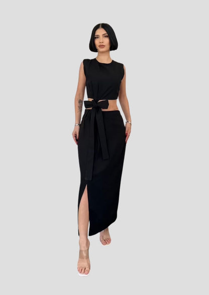 Belted Crop And Skirt Set - Black