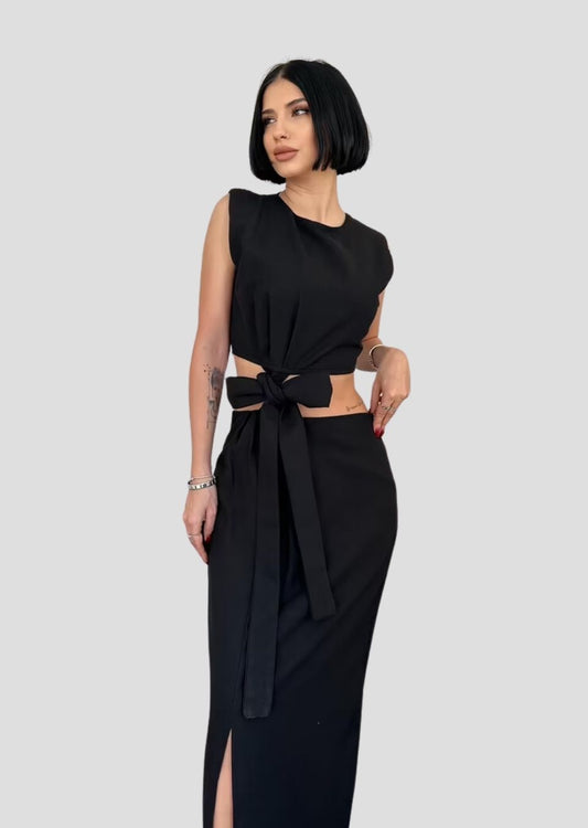 Belted Crop And Skirt Set - Black