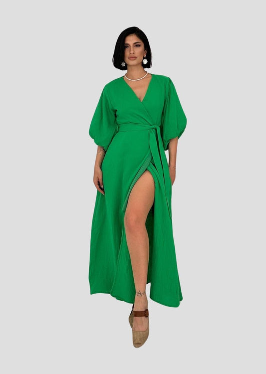 Belted Muslin Dress - Green