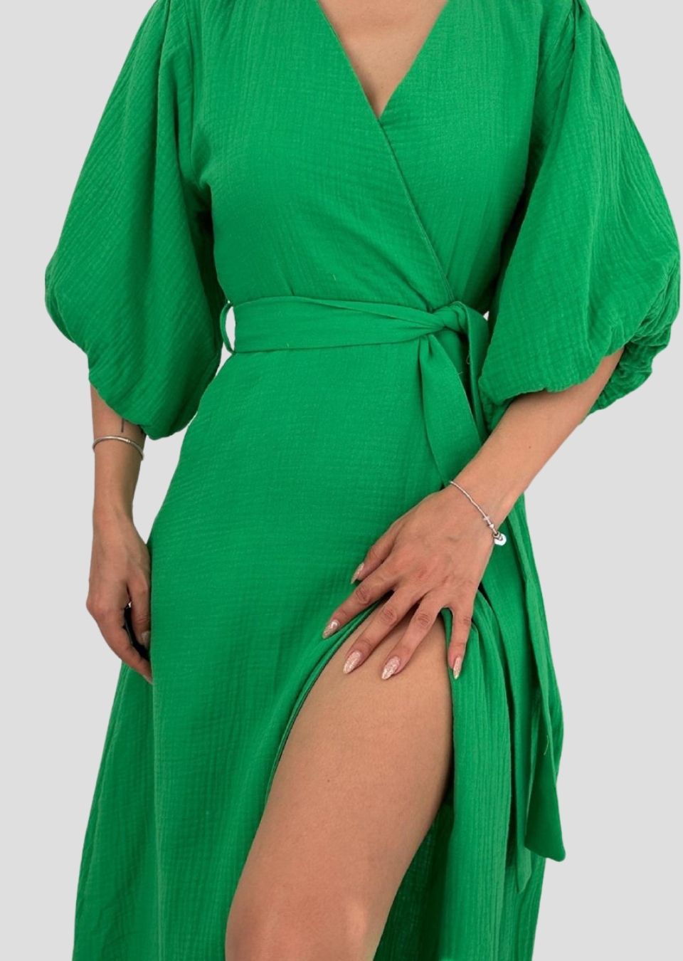 Belted Muslin Dress - Green