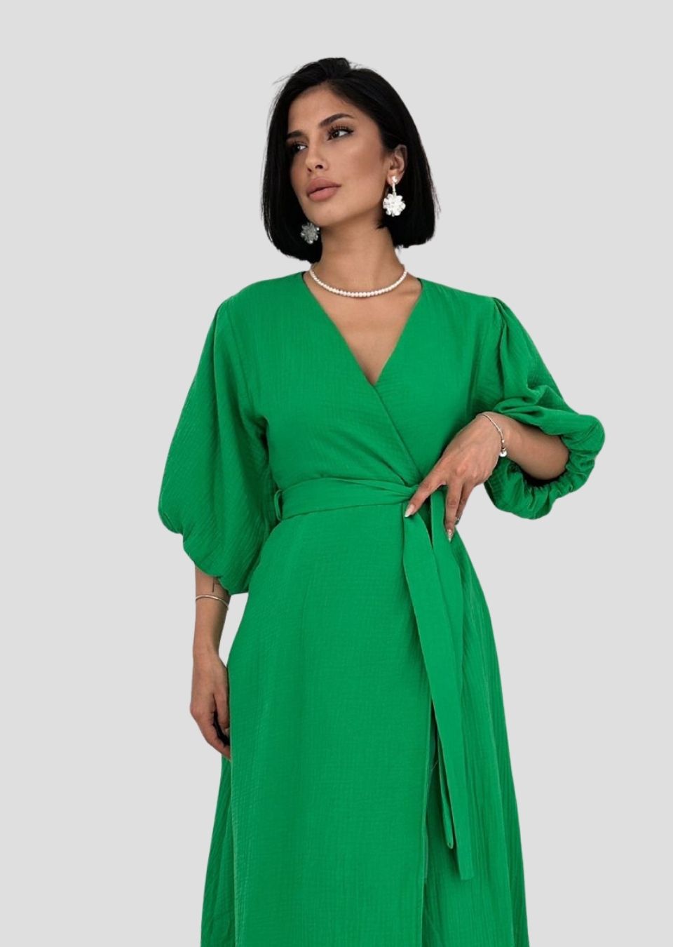 Belted Muslin Dress - Green